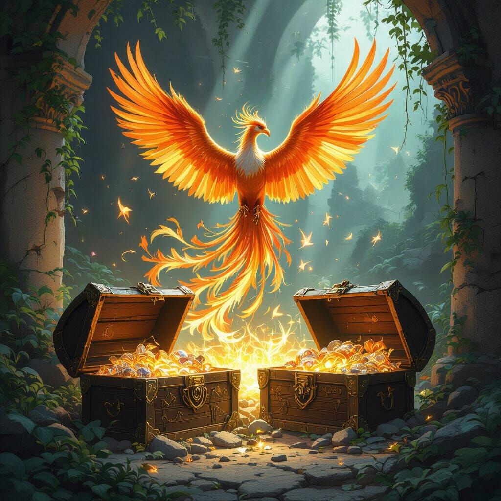 Majestic Phoenix Rising from Magical Treasure