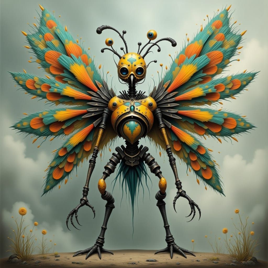 Steampunk Peacockcore Robot with Metal Wings