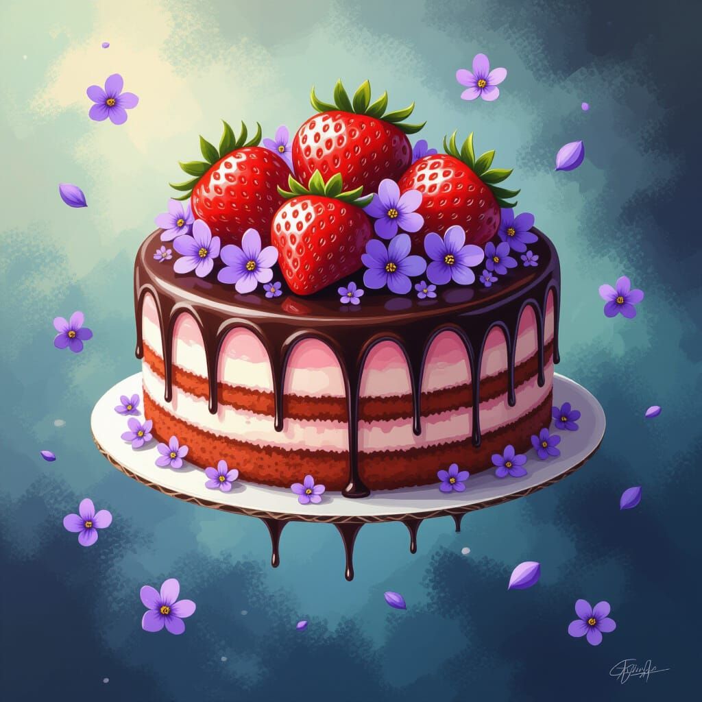 Floating Strawberry Cake with Chocolate Glaze in Fantasy Sty...