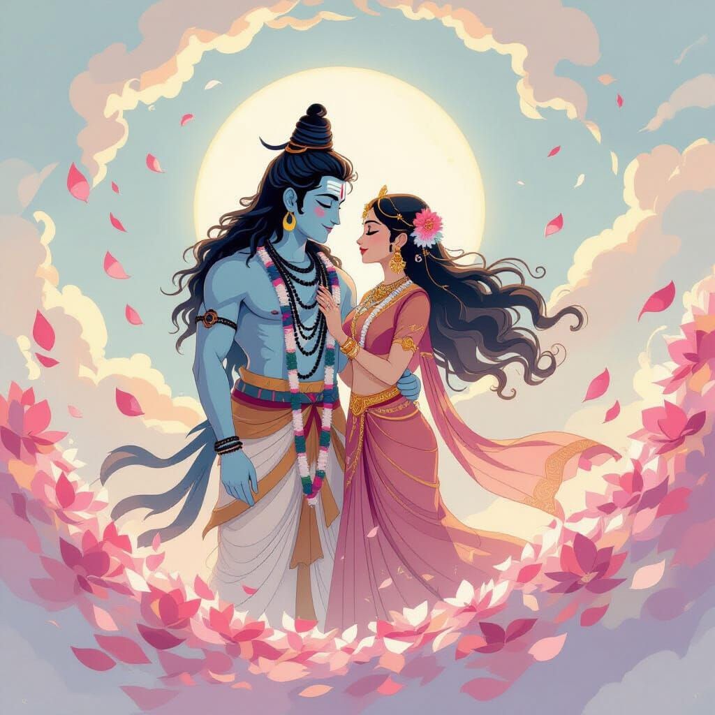 Shiva and Parvati Merge in Ghibli-Style Harmony