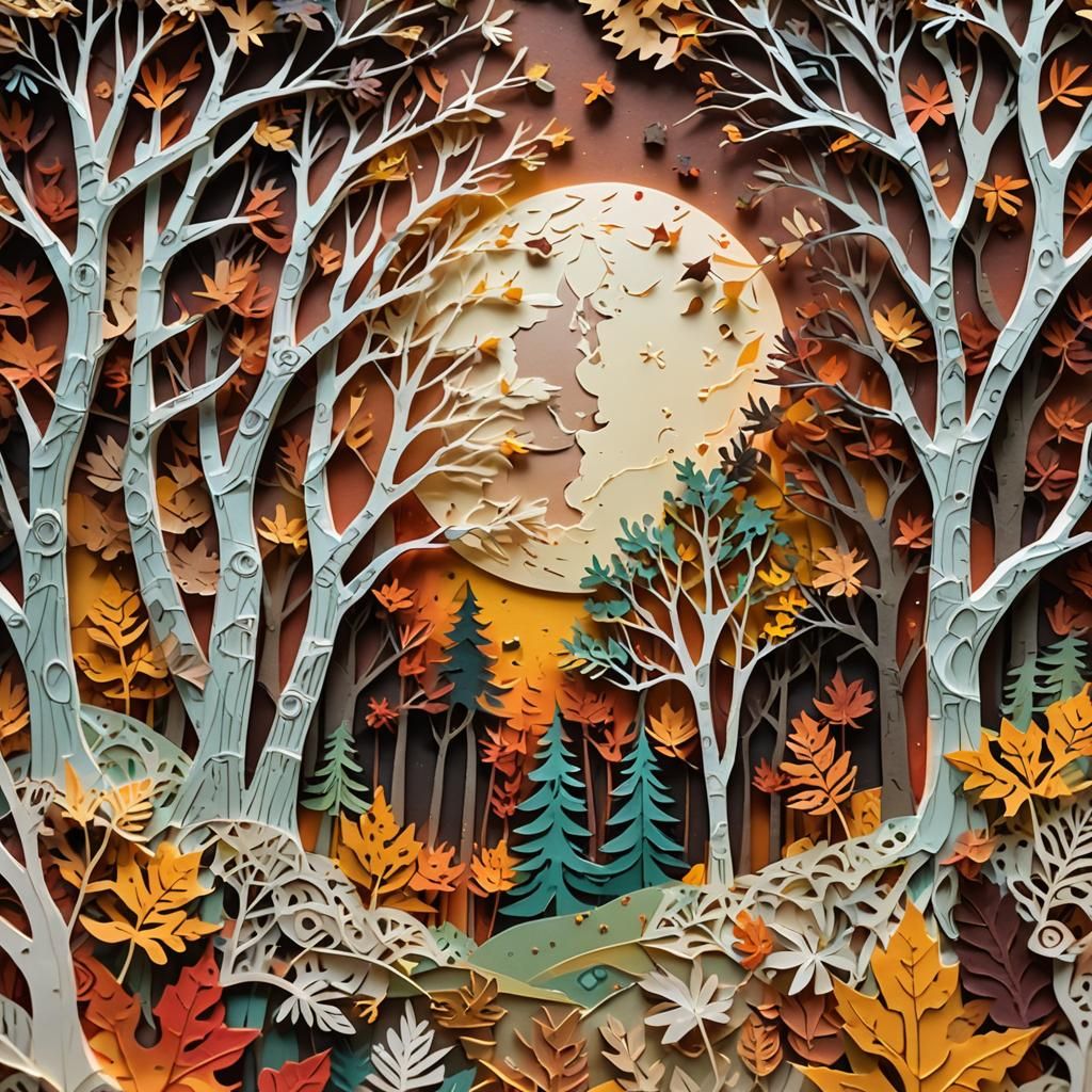 Autumn Forest Paper Collage in Moonlight