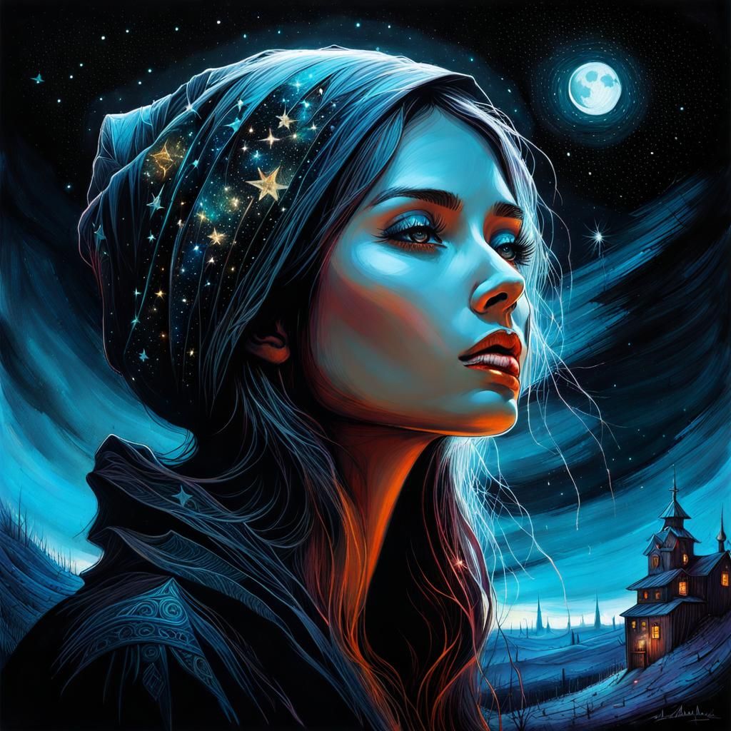 Moonlit Woman's Portrait in Dark Fantasy Style