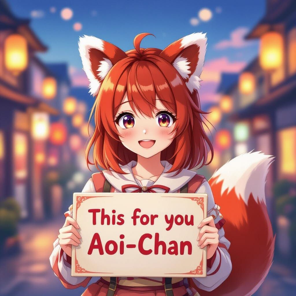 Anime Red Panda Girl Offers Gift in Cityscape
