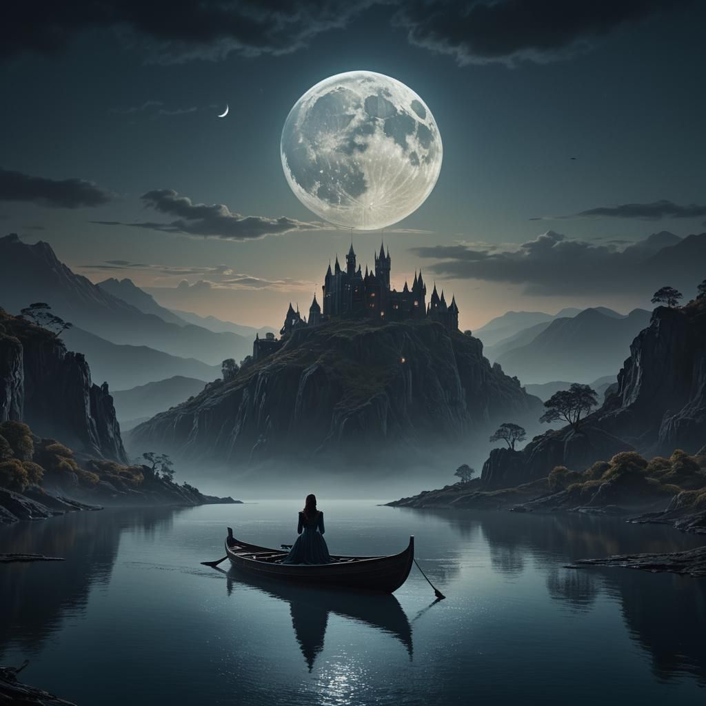 Girl on Boat in Dark Lake, Gothic Digital Art