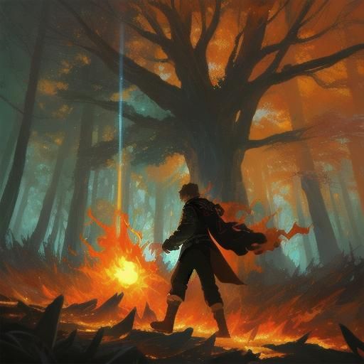 Rafa with Flaming Hands in Mystical Forest
