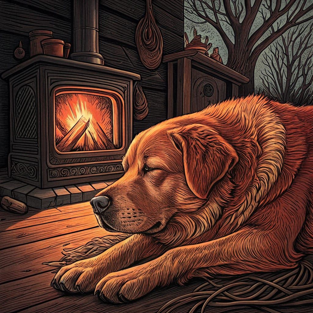 Labrador Chow Mix Relaxing in Front of a Woodstove