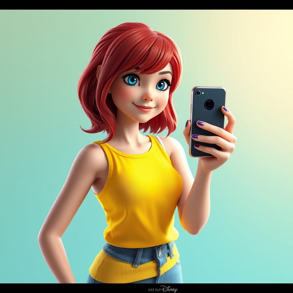 Young Woman in Vibrant Selfie Pose, Concept Art in 3D Digita...