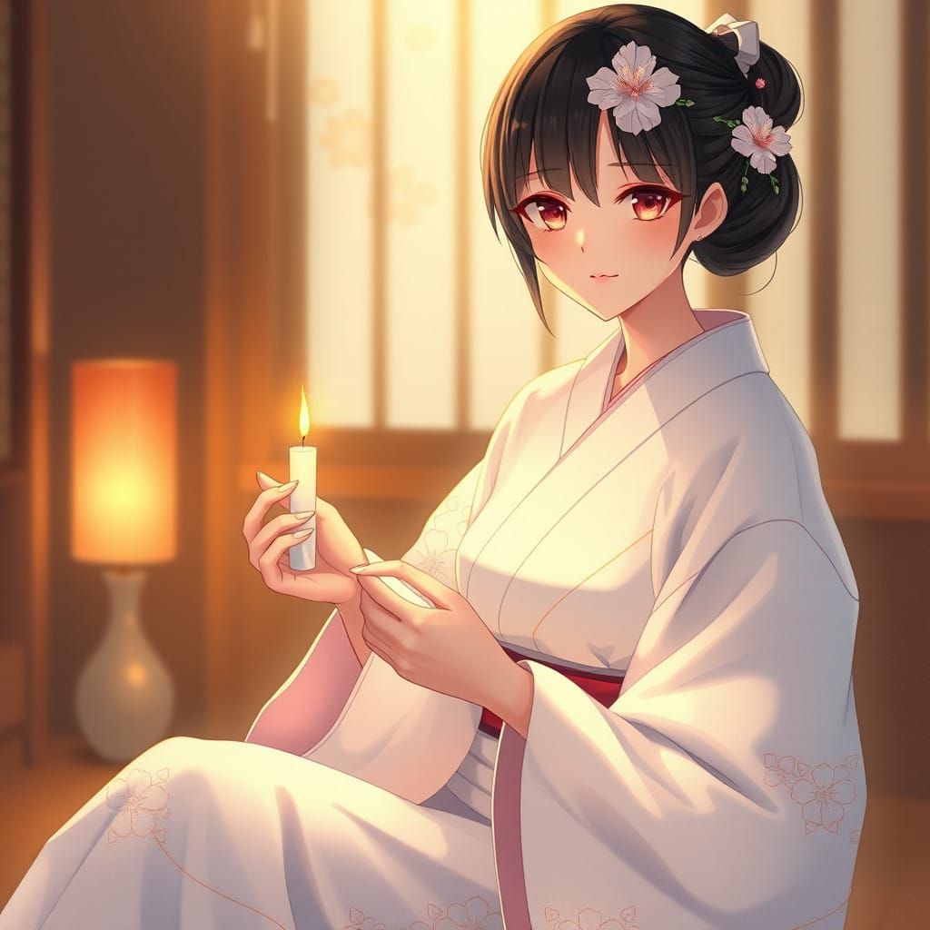 Anime Realism: Gentle Woman with Candlelit Serenity