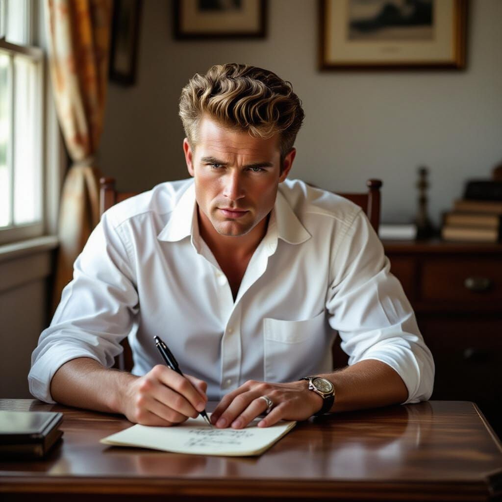 James Dean Writing a Song in Moody Vintage Style
