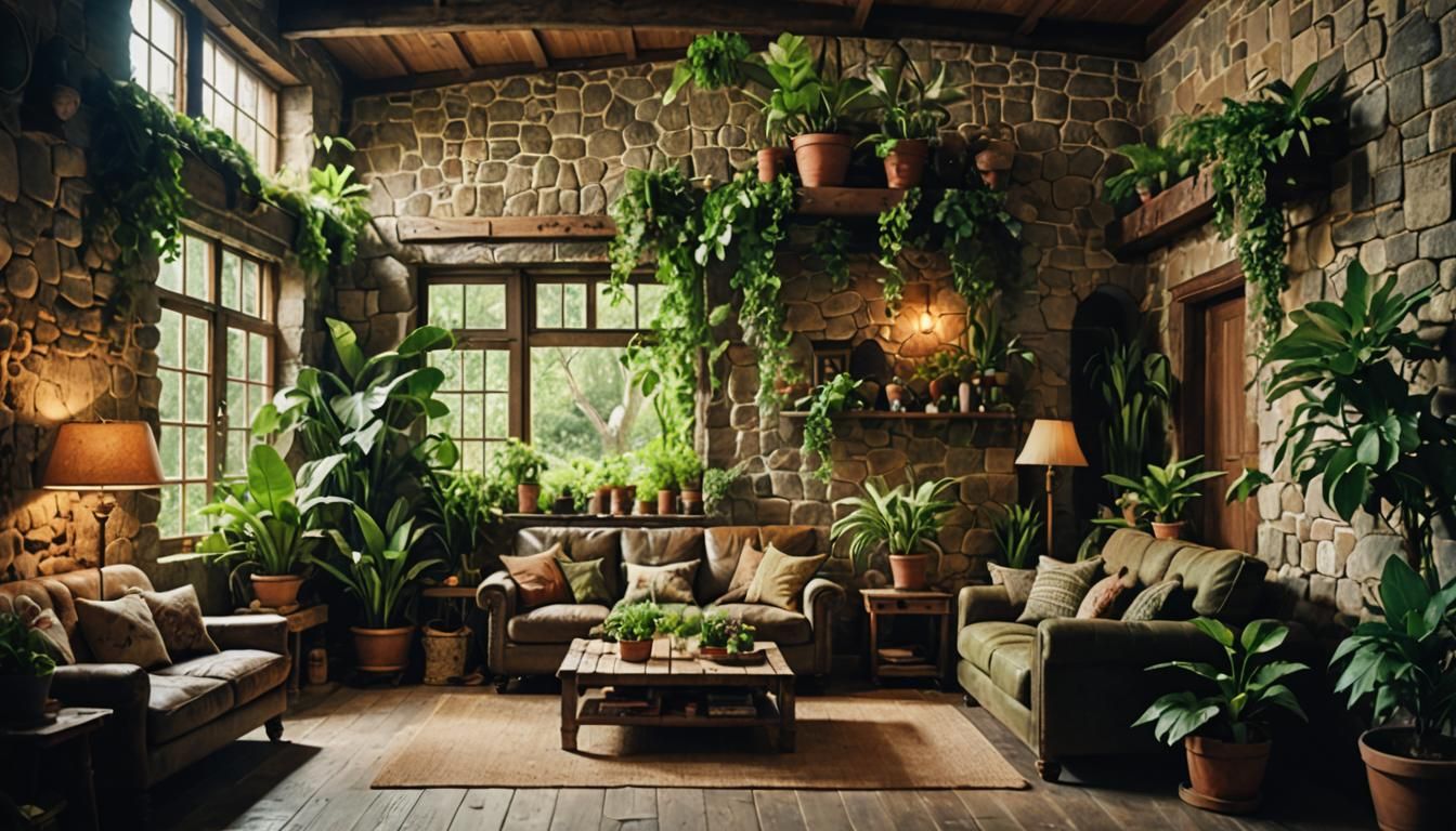 Rustic Living Room with Green Plants in Cinematic Style