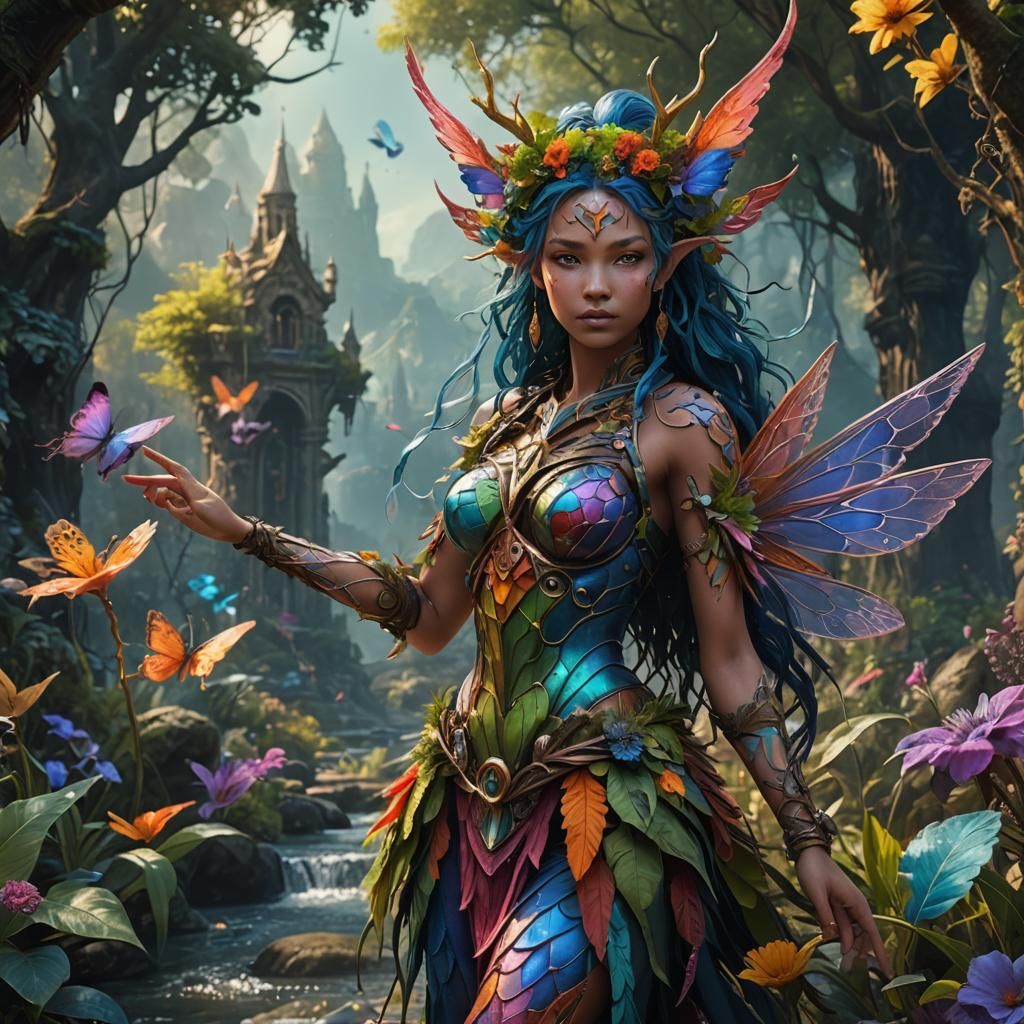 Fantastical Colorful Nymph in Detailed Matte Painting
