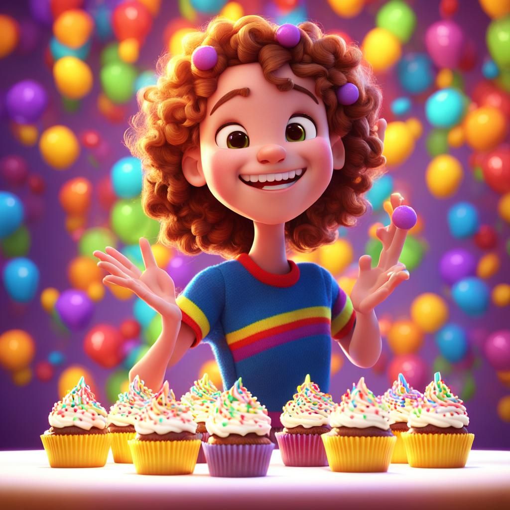Smiling Girl Offers Cupcakes: Pixar-Style 3D Art