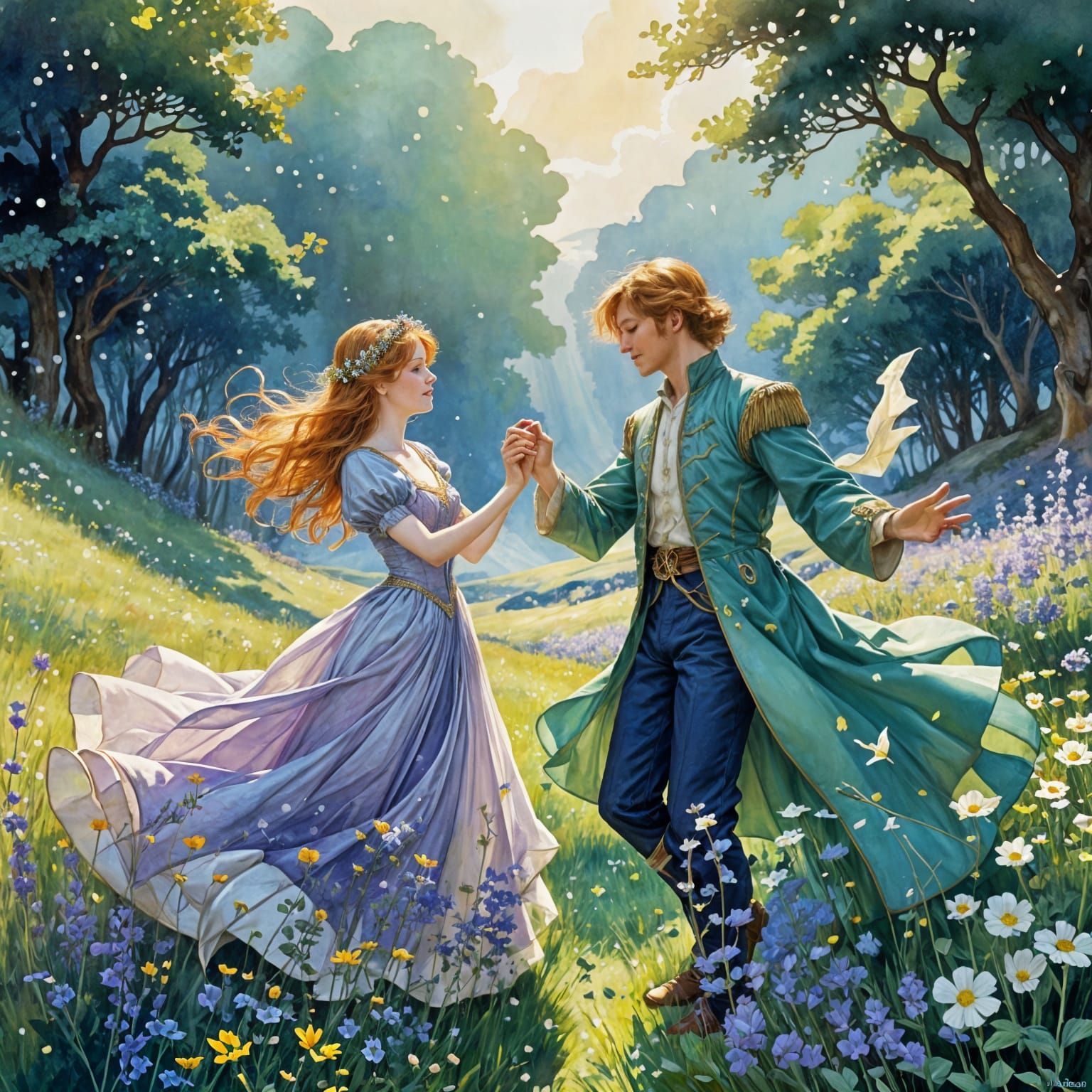 Princess and Prince Dancing: Whimsical Watercolor Illustrati...