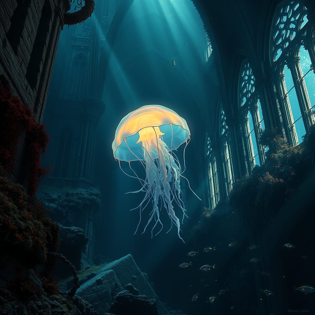 Bioluminescent Jellyfish in Sunken Gothic Cathedral Ruins