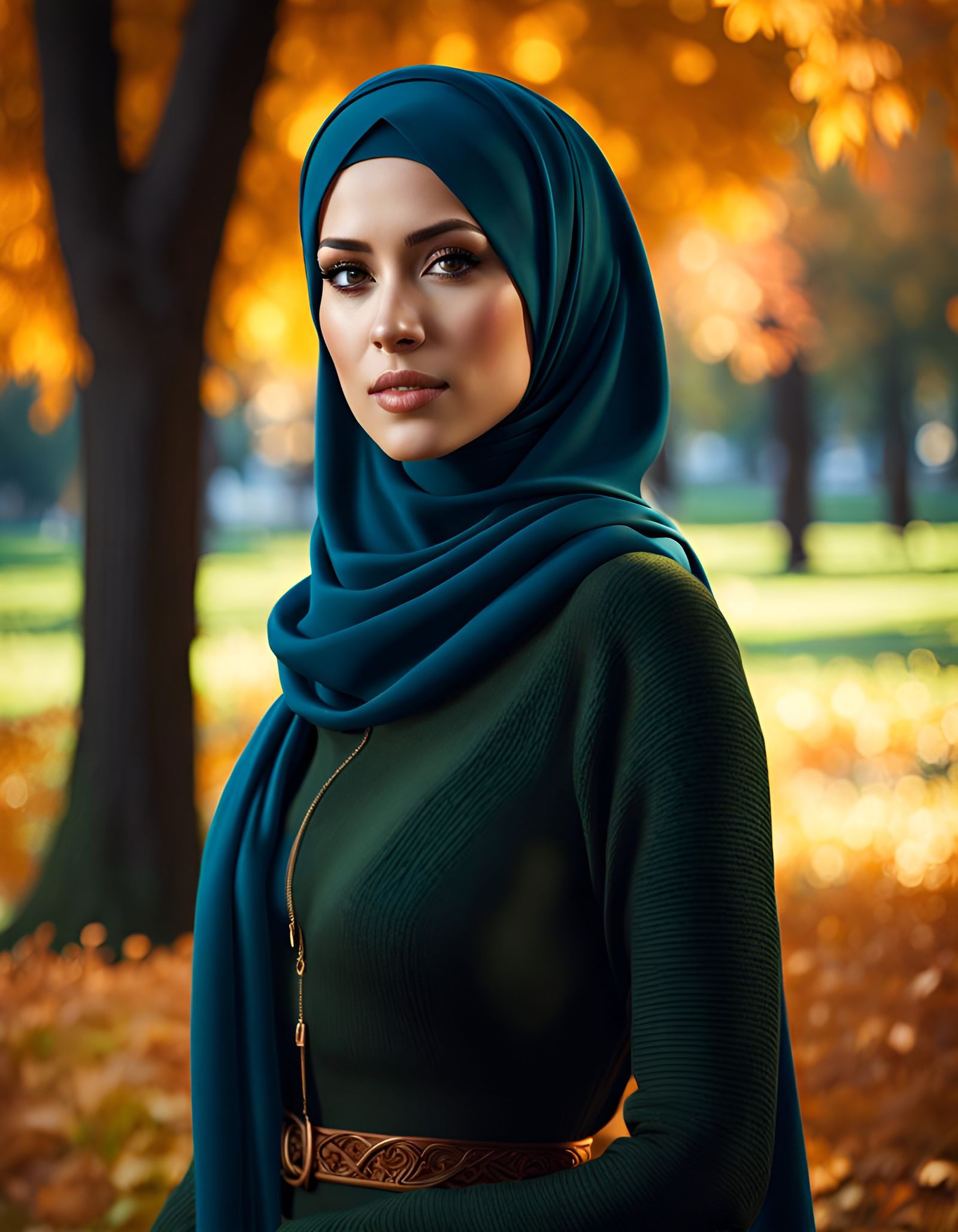White Hijabi Girl in Autumn Park Digital Art