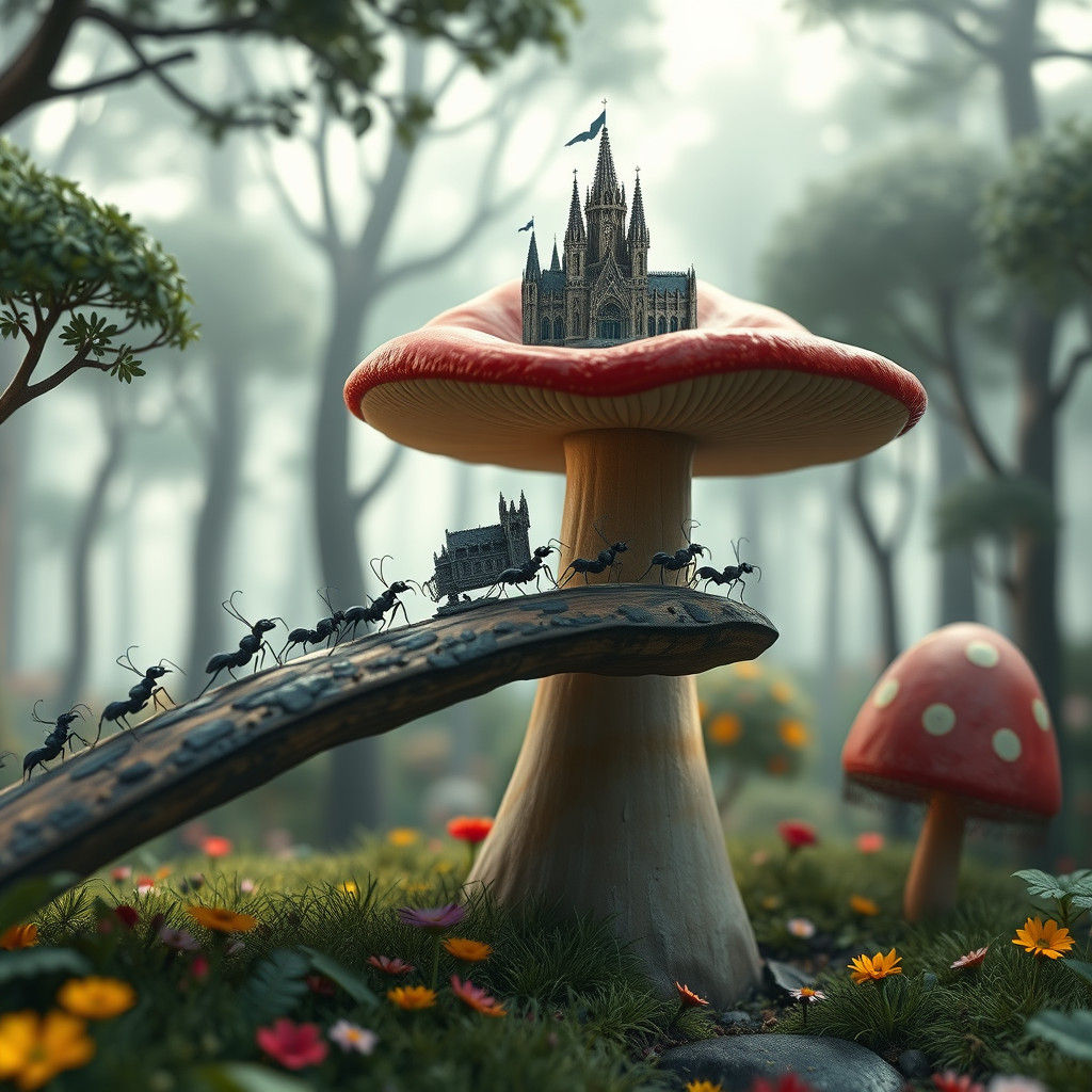 Ants Carrying Miniature Gothic Cathedrals Across Whimsical M...