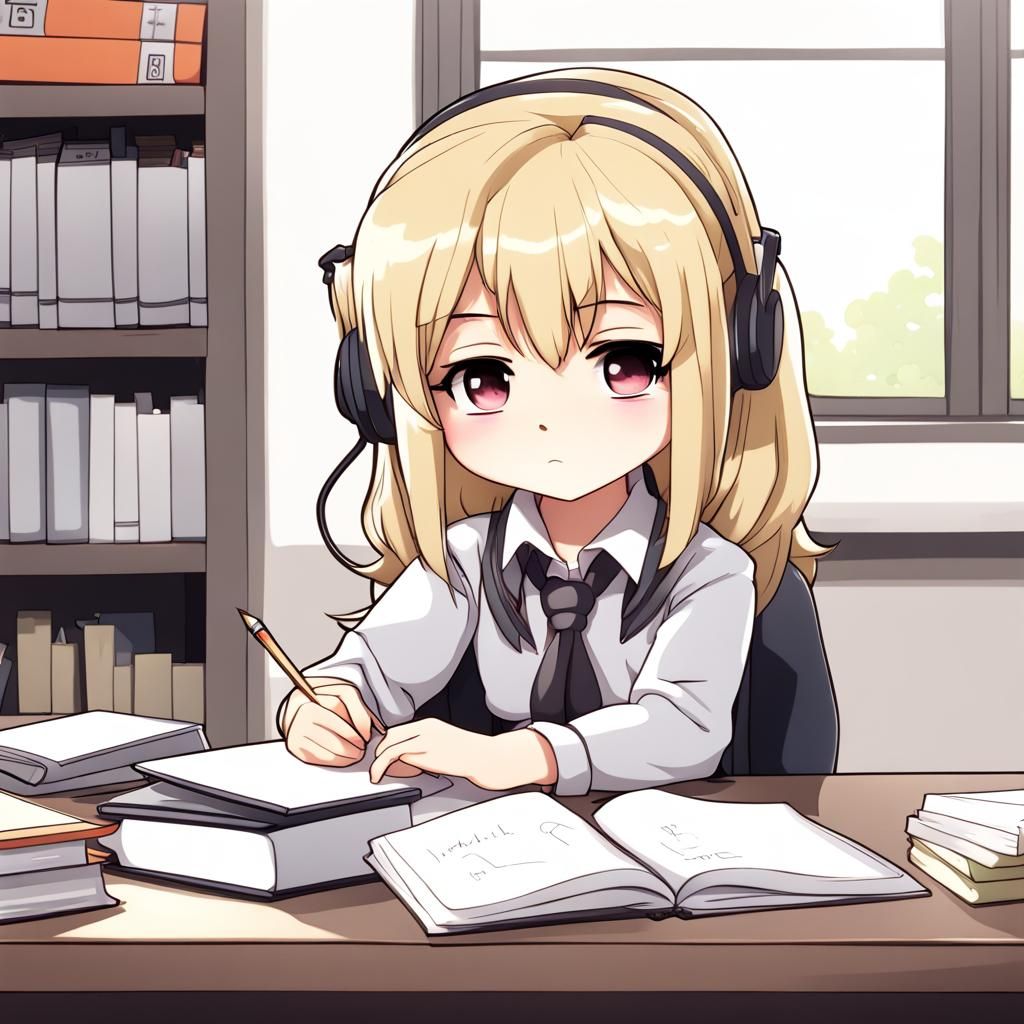 Blonde Woman Studying in Chibi Anime Style