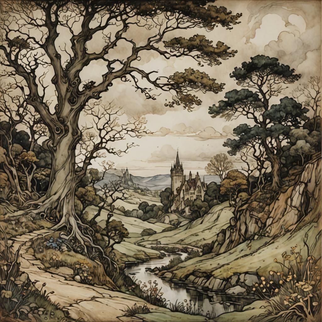 Whimsical Landscape in Art Nouveau Style