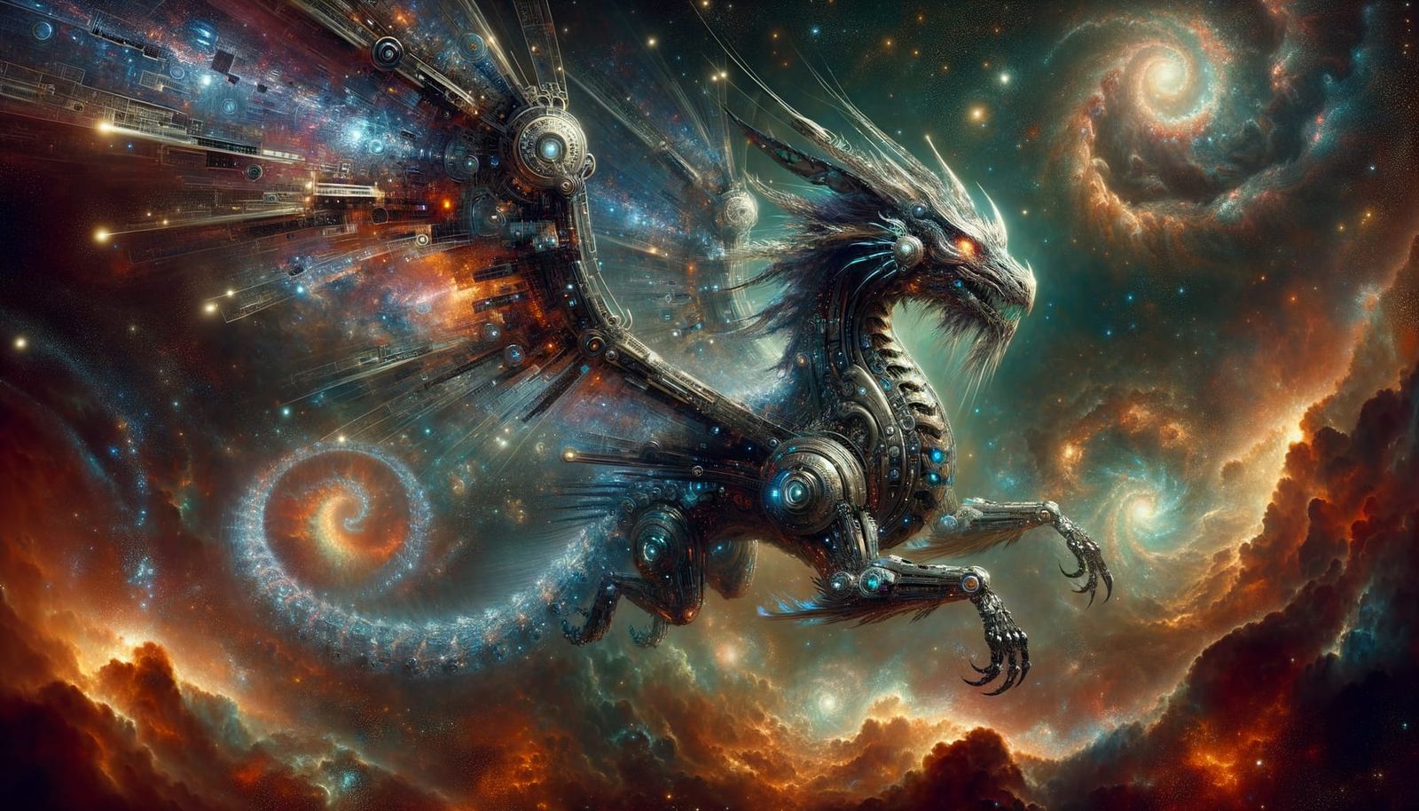 Cyberpunk Dragon in Cosmic Nebula