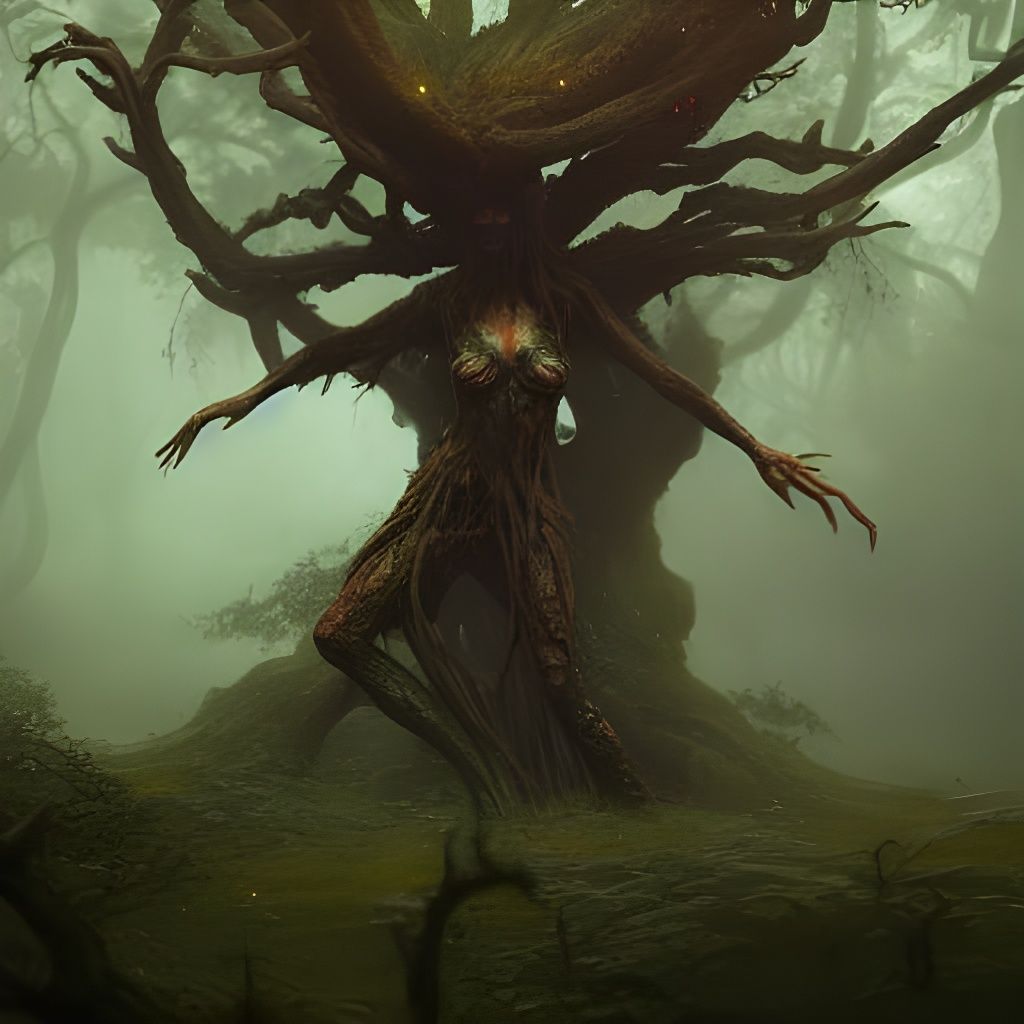 Monster Dryad Tree Spirit in Dark Fantasy Style