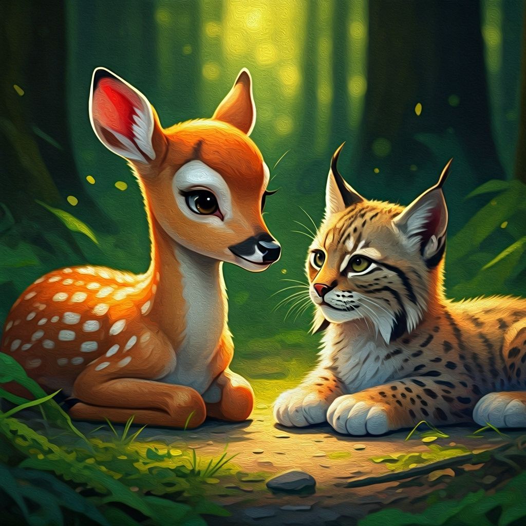 Cute Deer Fawn and Lynx Kitten Friends in Forest
