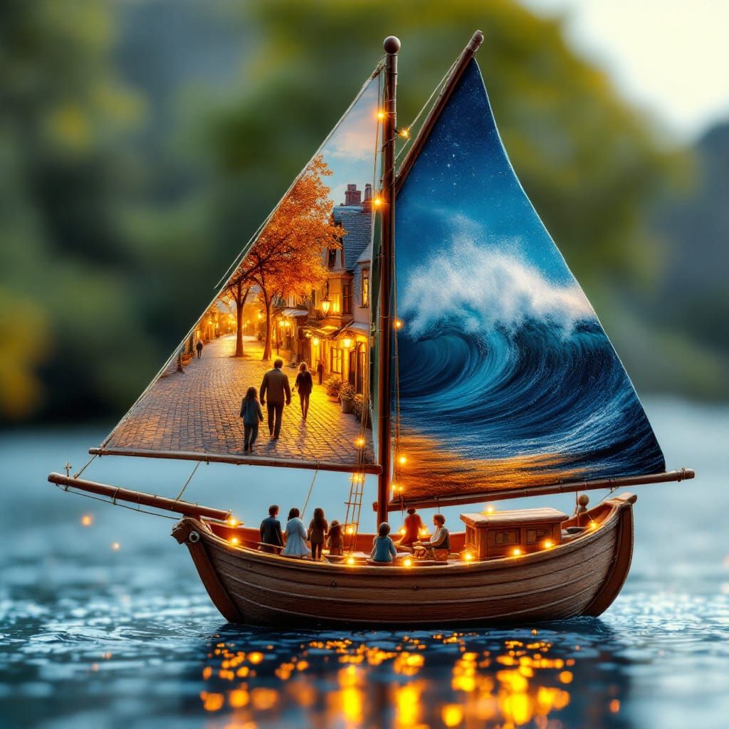 Surreal Sailboat Artwork: City Dreams Meet Ocean Waves