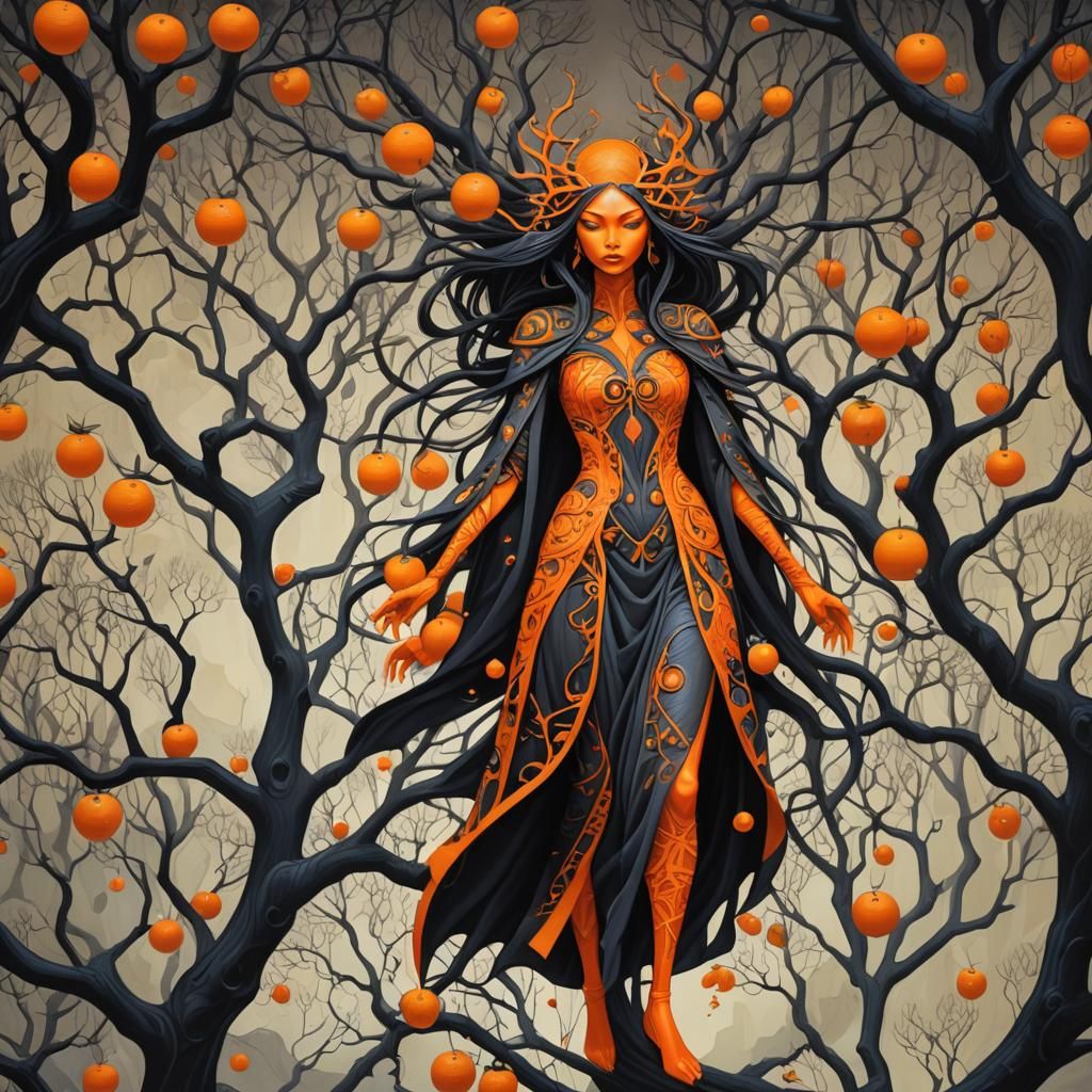 Orange Woman Walking on Branches in Dark Fantasy Style
