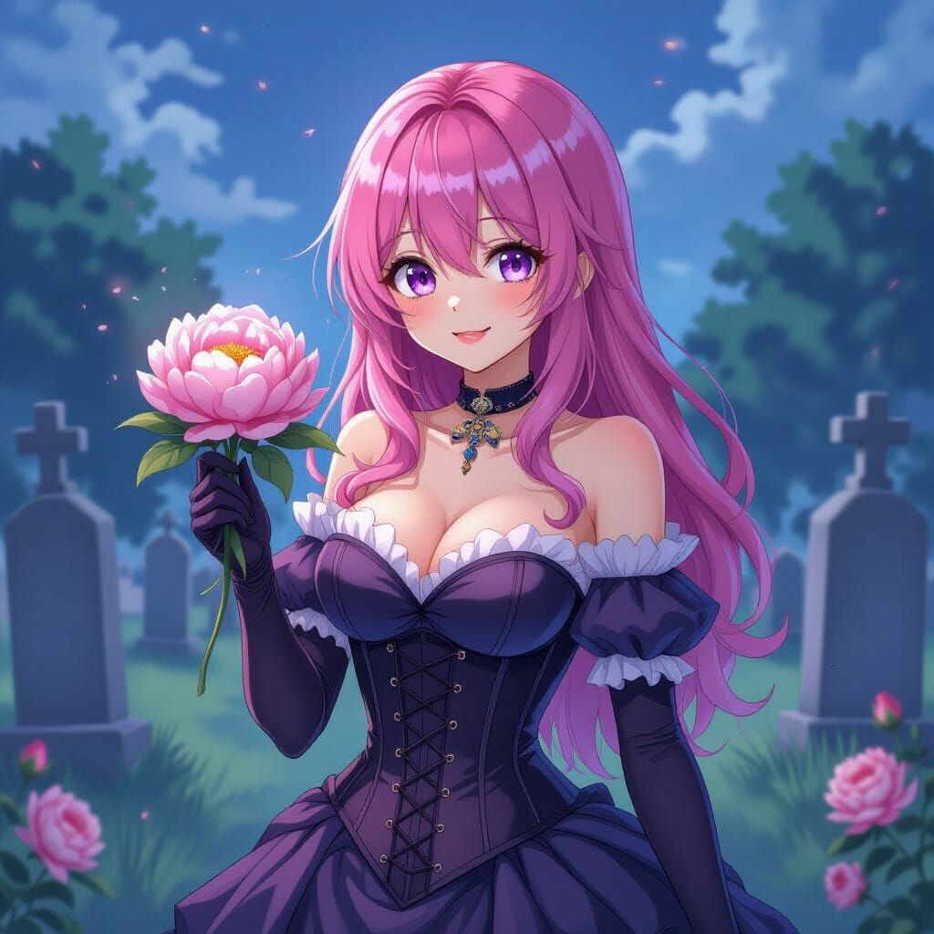 Pink Haired Woman Holds Peony in Cemetery in Anime Style