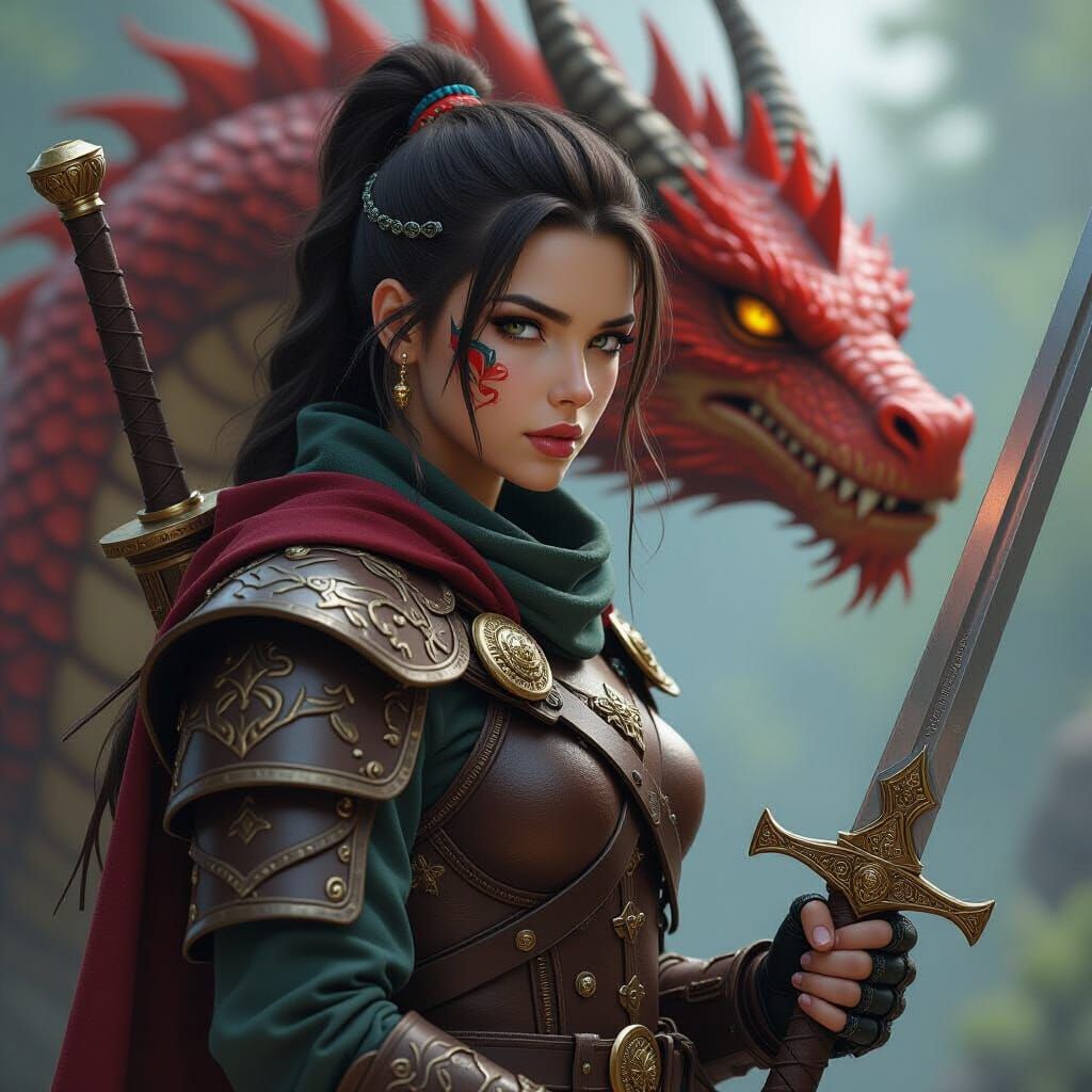 Fantasy Character with Dragon Reflection, Photorealistic