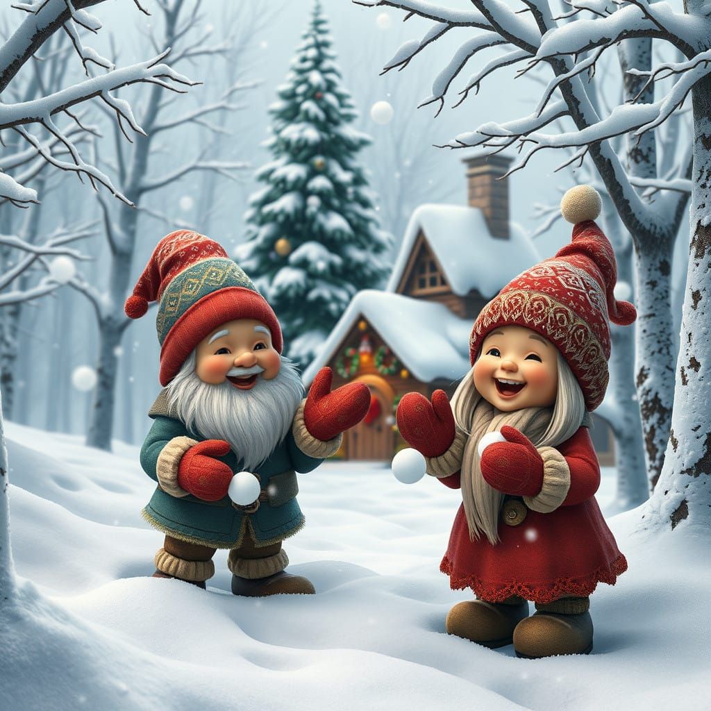 Whimsical Winter Gnomes Engage in Snowball Fight Amidst Sere...