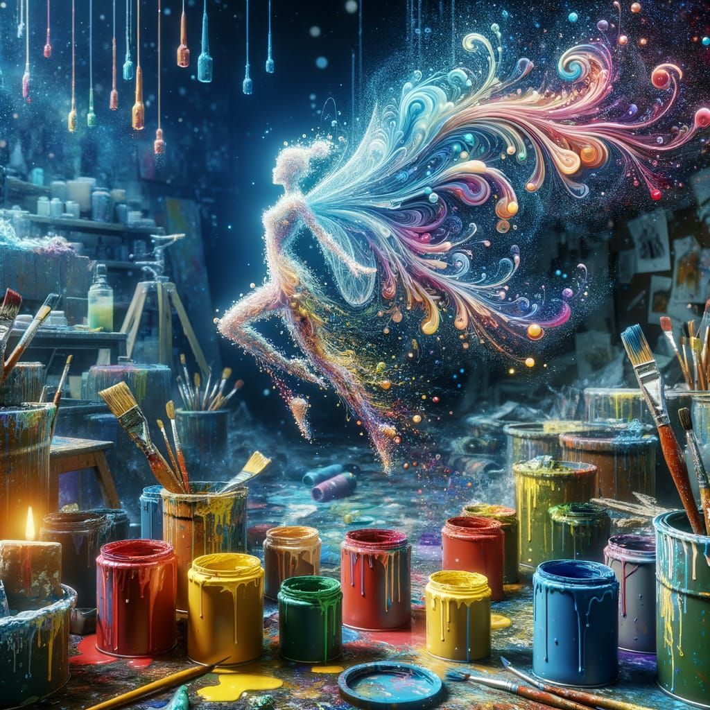 Magical Fairy Emerges from Paint Cans in Artist Studio