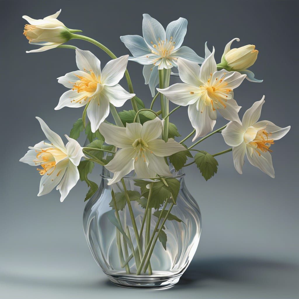 Glass Columbine Flowers in Vase: Hyperrealistic Transparency