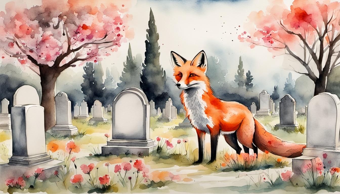Fox in Ancient Greek Cemetery, Watercolor Art
