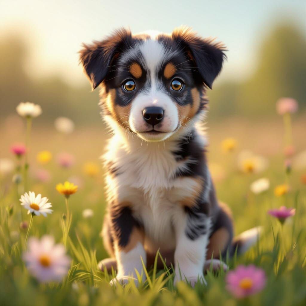 Blue Heeler Puppy in Wildflower Field: 3D Art