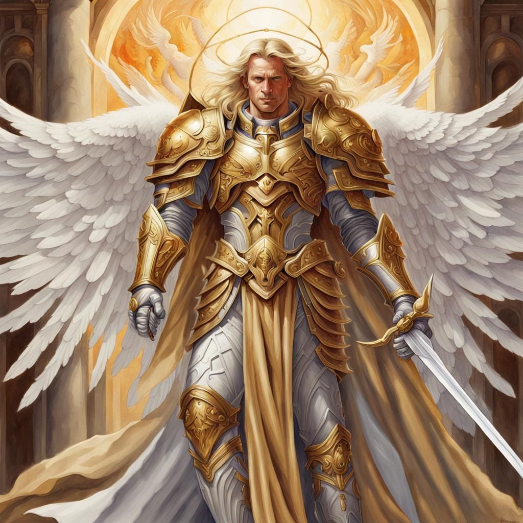 Renaissance Watercolor: Golden Saint with Angel Wings