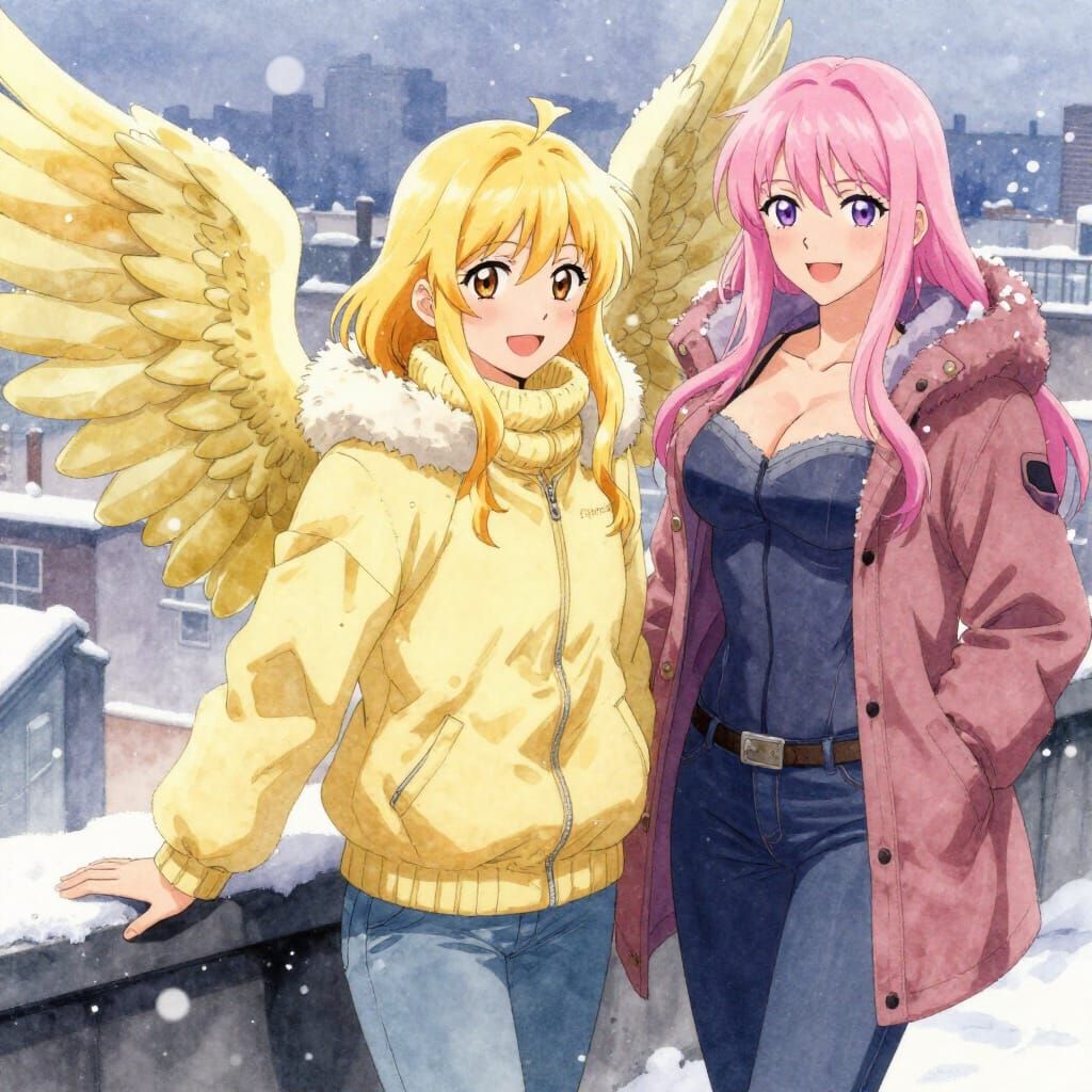 Angel and Friend Enjoy Snowy Rooftop in Anime Style