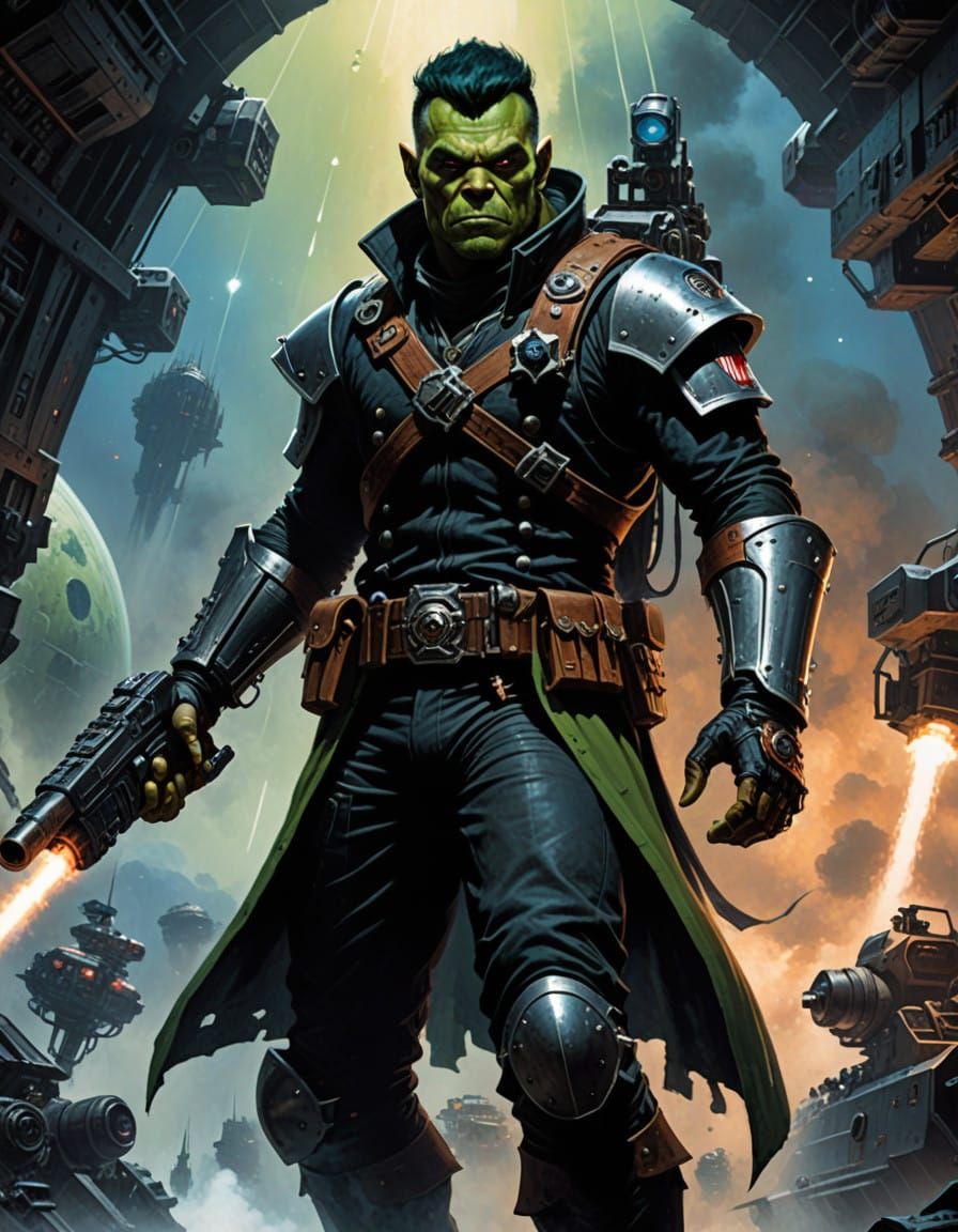 Half-Orc Space Pirate in Frank Frazetta Style