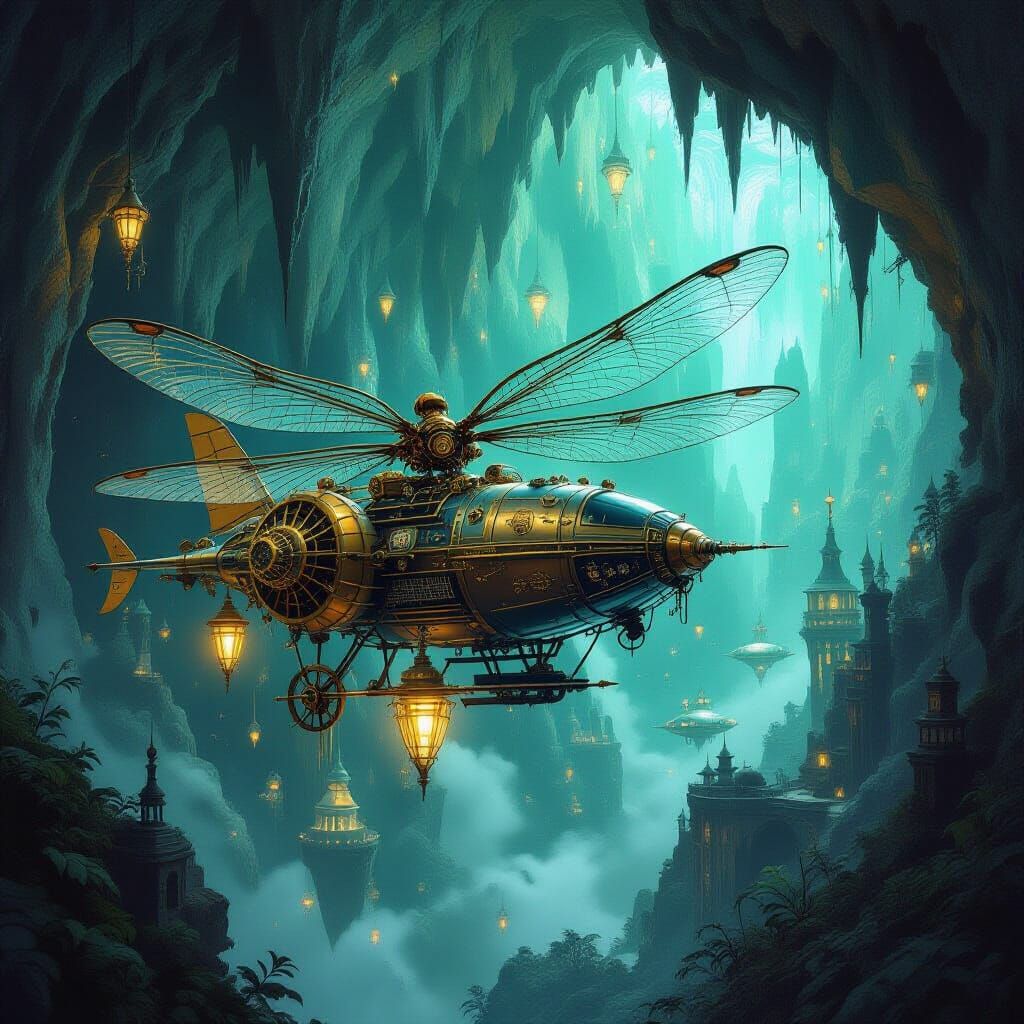 Steampunk Dragonfly Airship Over Bioluminescent City
