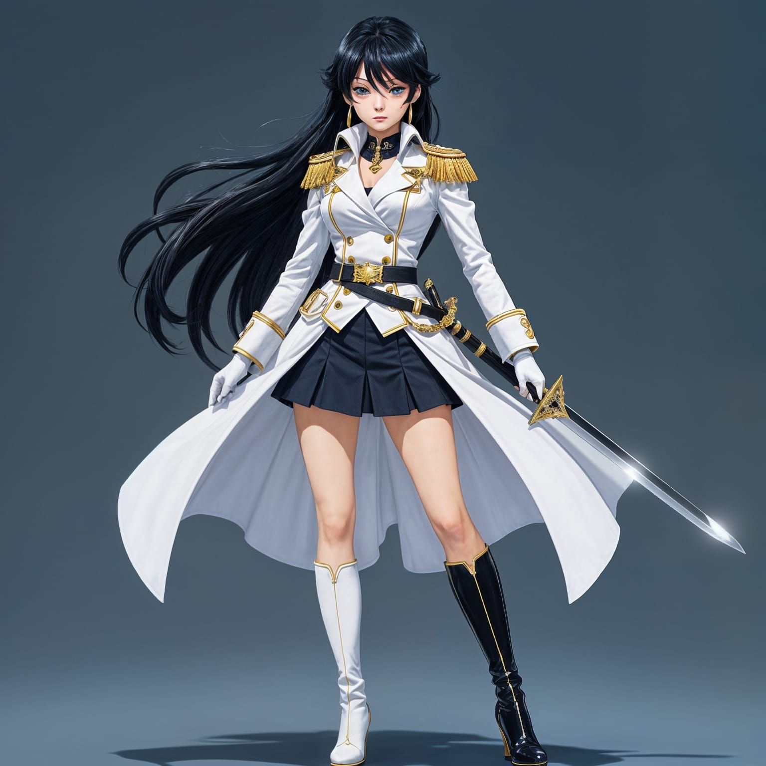 Anime Female Admiral with Sword in White Uniform