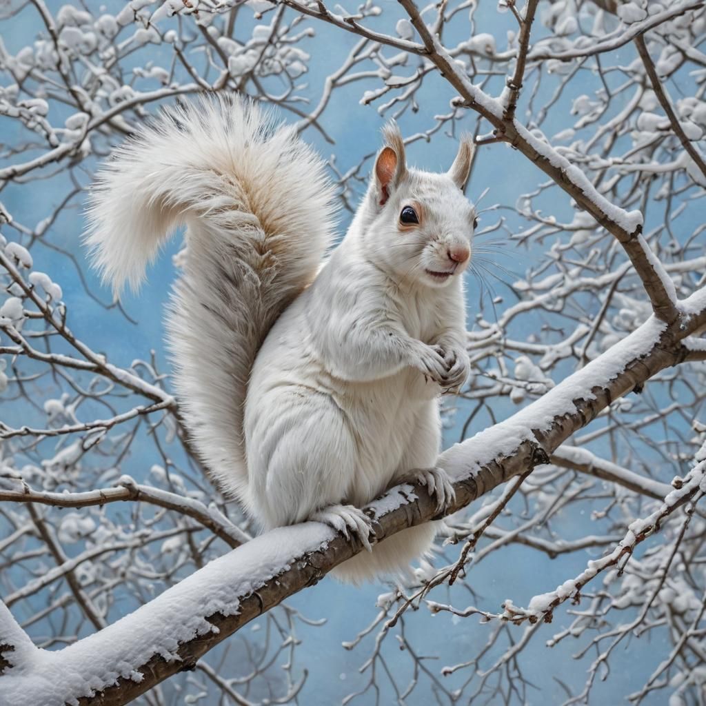 White Squirrel on Snowy Branch: Impasto Painting