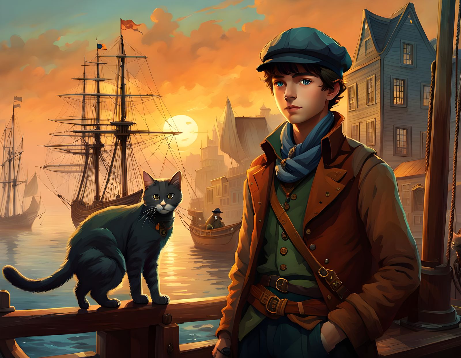 Boy and Cat Boarding Ship: 19th Century Art