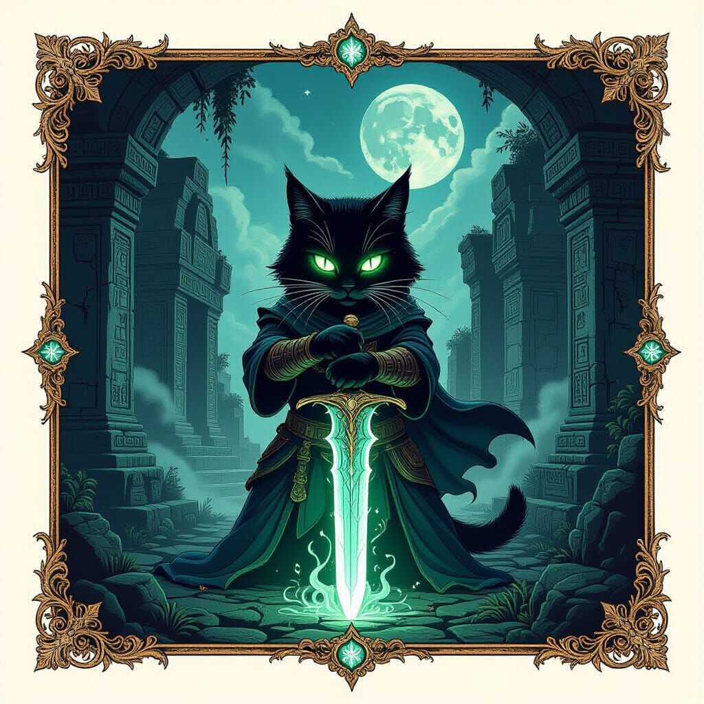 Mystical Warrior Cat Guards Ancient Temple in Screen Print S...