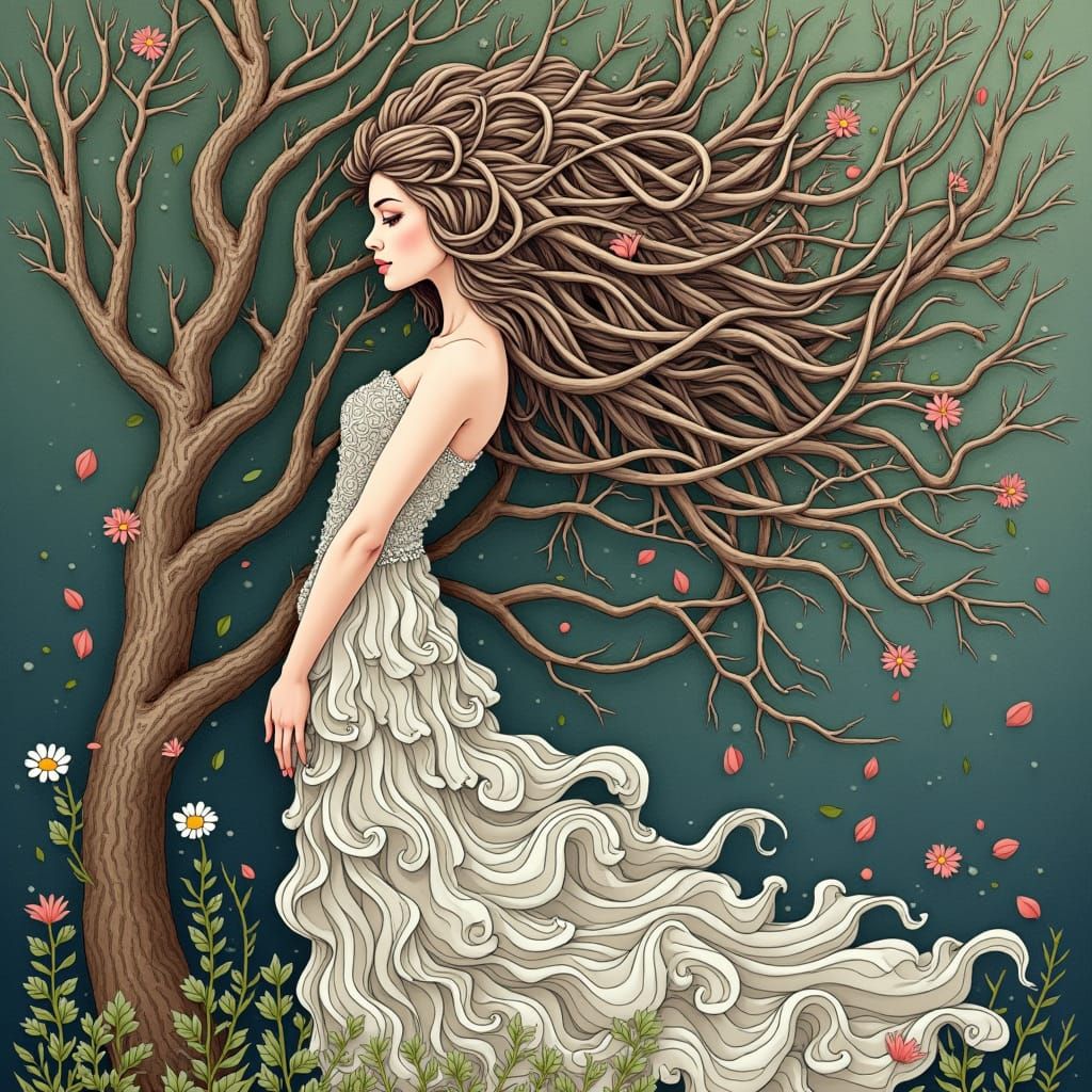 Woman and Forest Landscape in Zentangle Style