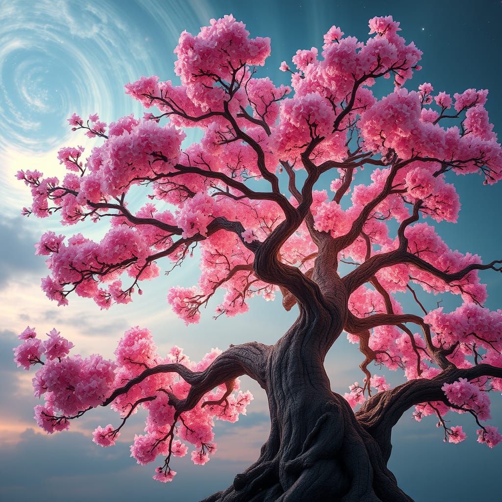 Majestic Cherry Blossom Tree in Ethereal Twilight