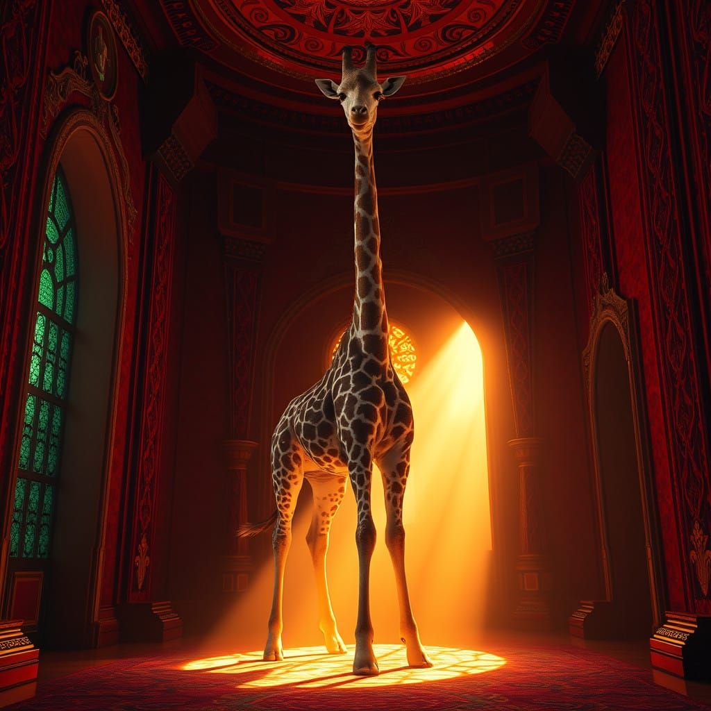 Surreal Giraffe in Crimson Chamber