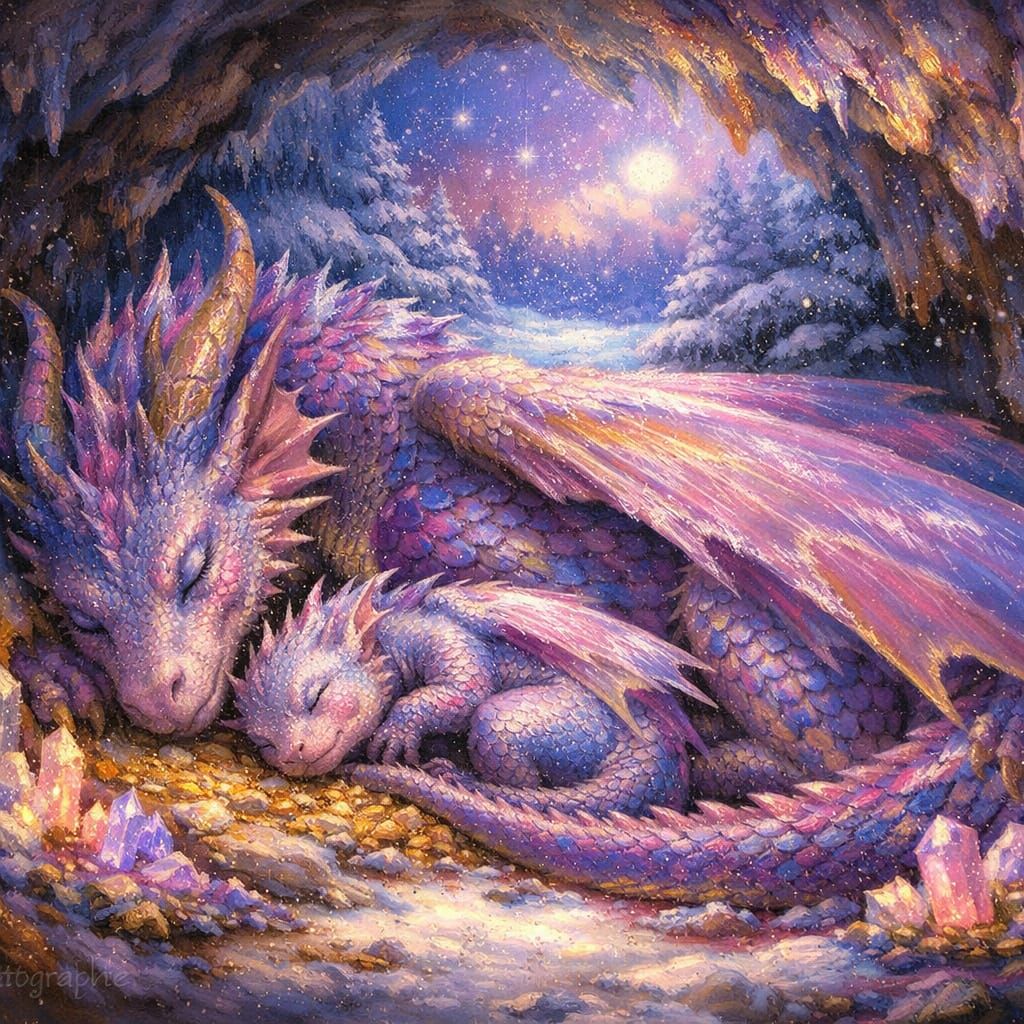 Mother and Baby Dragon Sleeping in Snowy Cave, Painterly Sty...