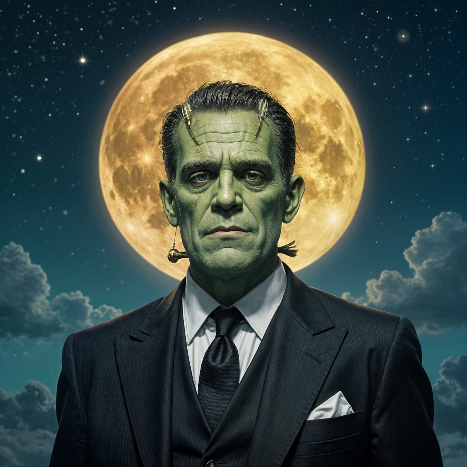 Hyperrealistic Frankenstein Portrait with Golden Moon