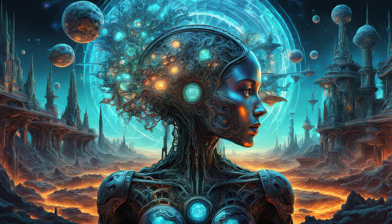 Cybernetic Woman in Geode City: Cosmic Surrealism