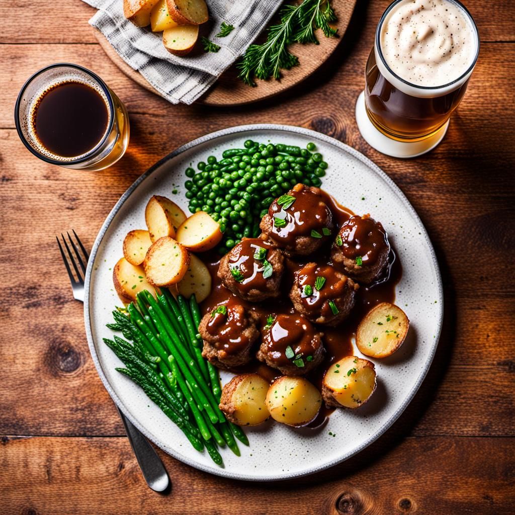 Meatballs with Potatoes, Brown Sauce, and Beer