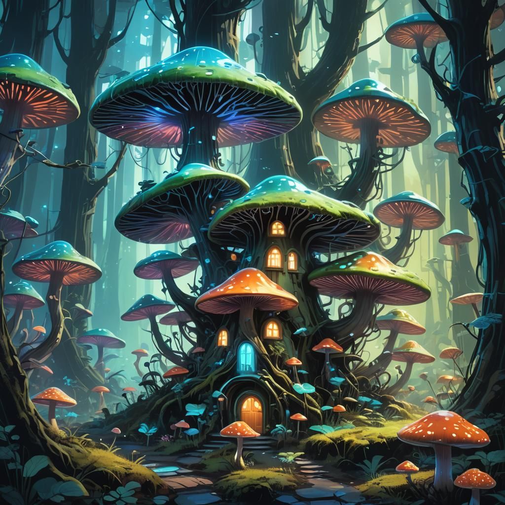 Glowing Fairy Mushroom House in Bioluminescent Forest
